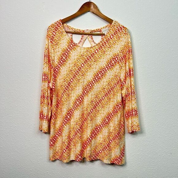 Chico’s Women’s Orange Multicolor Printed Rayon 3/4 Sleeve Keyhole Top Sz 3 (XL) - Picture 1 of 13
